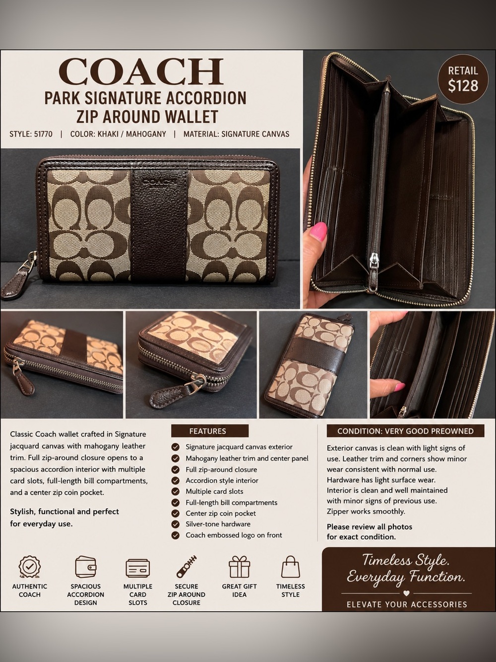 Coach Park Signature Accordion Zip Around Wallet 51770 Mahogany